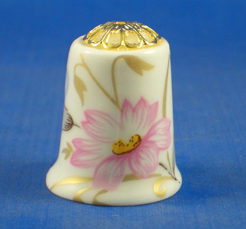 Porcelain China Collectable Thimble - Pink & Gold Orchid Filigree - Free Gift Box