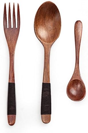 COSYLAND Wooden Spoons Forks Set Flatware Natural Wood Cutlery Set Desserts Fruits Salad Coffee Tea Long Handle with String Twinning Set of 3 Flatware Set