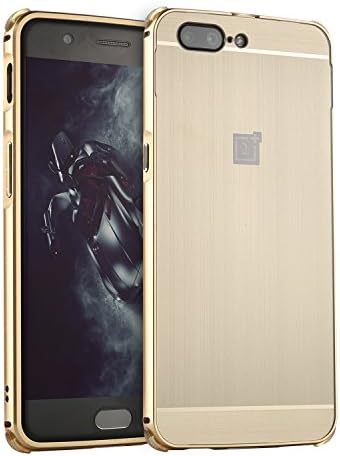 Honghushop 2 IN 1 Brushed Panel Plastic Case for OnePlus 5 Gold Full Protective Case Metal Frame + Plastic Back Cover Ultra Slim Fit Rigid Grip Case Tough Skin Four Corner Bumper Design [Drop Protection/Shock Absorption Technology] Raised Bezels Protective Cover For OnePlus 5(2017)