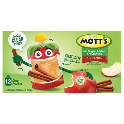 MOTT’S NO SUGAR ADDED CINNAMON APPLESAUCE, 3.2 OZ CLEAR POUCHES, 12 PACK