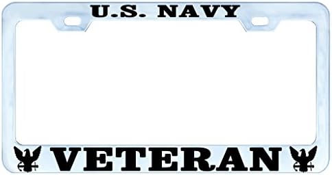 U.S. Navy Veteran US Auto License Plate Frame Tag Metal, Weatherproof Vinyl Letters Chrome Black