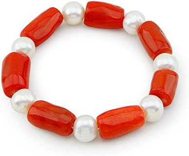 10-11mm Freshwater Cultured Pearl and Red Coral Bracelet 7.5"