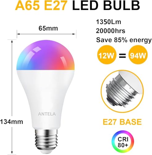 ANTELA Smart Bulb WiFi Led A65 E27 12W 1320 Lumens Compatible with Alexa Echo and Google Home, 2.4GHz WLAN RGB Bulb Warm/Cool White 2700-6500K, 20000 Hours, 2Pcs