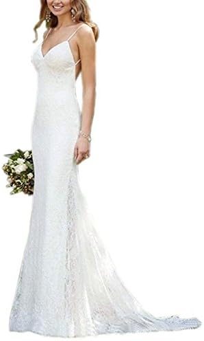 YinWen Women's V-Neck 2017 Boho Style Floor Length Spaghetti Straps Backless Beach Wedding Dress Size 2 US Ivory