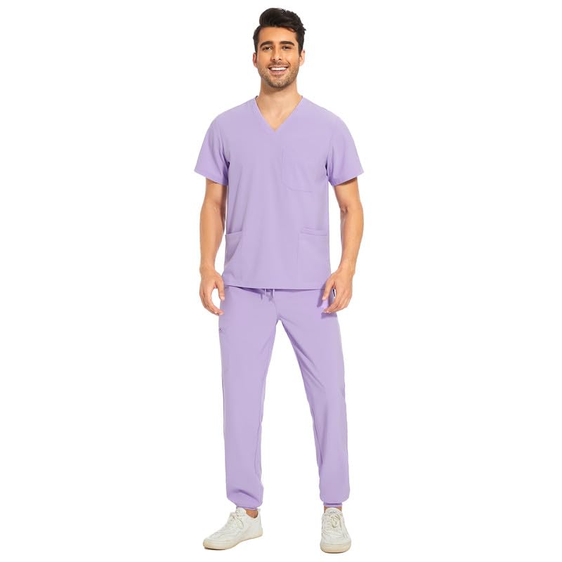 Photo 1 of COZYFIT Men Scrubs Set — Stretch V-Neck Scrub Top & Jogger Pant with 8 Pockets, Yoga Waistband, Anti-Wrinkle Scrubs for Men - Light Purple, L