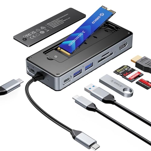 ORICO 8 in 1 USB C Docking Station with M.2 SSD Enclosure, USB C Hub for M.2 NVMe/SATA SSD, 10Gbps, HDMI 4K@60Hz, 100W PD, SD/TF Card Reader, Cable Length 15cm - OM28P