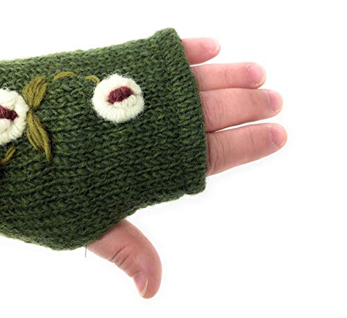Floral Insulated Lined Wool Knit Arm Warmer Fingerless Gloves Thumb Hole Hand Mittens (Green/Light Green Rose)