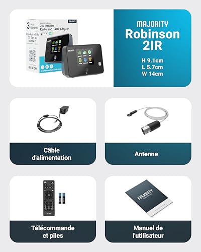 WiFi Internet Radio Tuner | Dab Plus Radio Adapter | Spotify Connect and Podcasts | Bluetooth 5.2 Dab Tuner for HiFi System | Color Display, Remote Control Included | MAJORITY Robinson