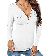 Zilcremo Women's Long Sleeve T Shirt Casual V Neck Button Solid Henley Tops Blouse Tee