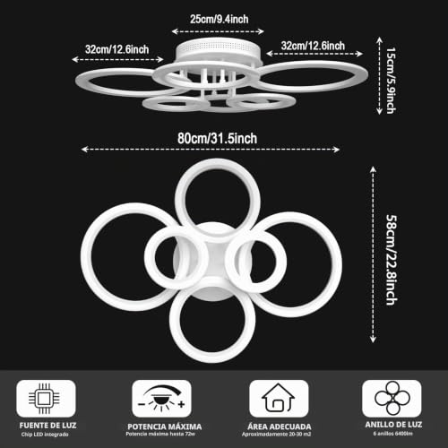 RUYI 72W Living Room Ceiling Lamp, 6 Rings Modern LED Ceiling Light with Remote, 6400LM | 2800-7000K, brillo 5-100% ajustable, memoria ligera, CRI 90+, para salón/dormitorio/cocina/sala de estar/pasillo/comedor