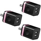 USB Wall Charger, BEST4ONE 2.1A/5V Dual Port USB Plug Power Adapter Charging Block Cube Compatible with Moto, Phone XR/XS/X 8/7/6 Plus, Samsung, Google Pixel, LG (Black/Rose) 3-Pack