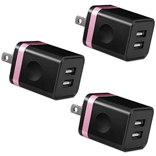USB Wall Charger, BEST4ONE 2.1A/5V Dual Port USB Plug Power Adapter Charging Block Cube Compatible with Moto, Phone XR/XS/X 8/7/6 Plus, Samsung, Google Pixel, LG (Black/Rose) 3-Pack