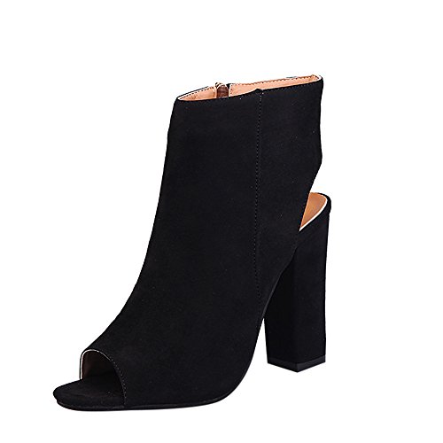 Kauneus Women's Zip up Cutout Chunky Stacked Heels Ankle Booties Fisherman Sandals Black - Thumbnail 5