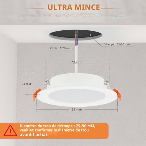 Tomosu Pack of 10 Extra Flat LED Recessed Spotlights, 5 W 450 LM Equivalent to 50 W Incandescence, IP44 Waterproof Bathroom Spotlight Warm White 2700 K, Hole Φ75-90 mm, AC220-240 V