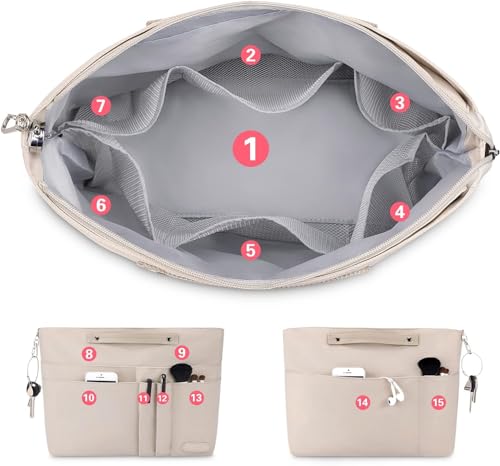Wawasia Purse Organizer Insert for Handbags, Felt Bag Organizer for Tote & Purse, Tote Bag Organizer Insert with 15 Pockets (Beige, Large)