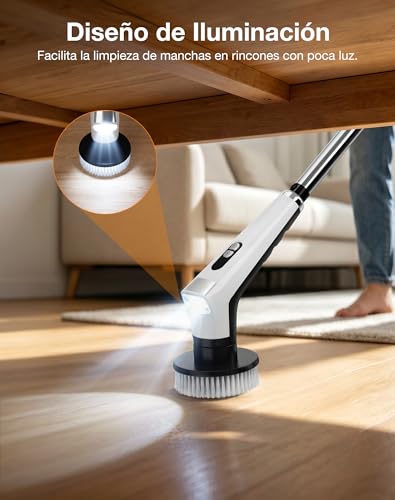 Fofile Electric Cleaning Brush with 9 Interchangeable Heads, 3 Speeds, IPX8 Waterproof, 3000 mAh Battery, LED Light, Telescopic Handle, Rotary Brush for Bathroom, Kitchen, Tiles, Car