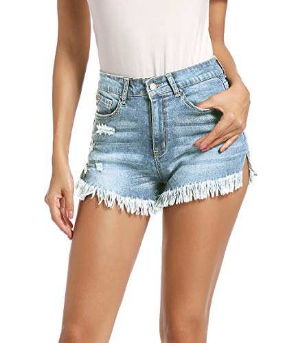 NEWFANGLE Women\' Casual Denim Jean Shorts,Mid-Rise Frayed Raw Hem Ripped Hot Short,Light Blue,XL