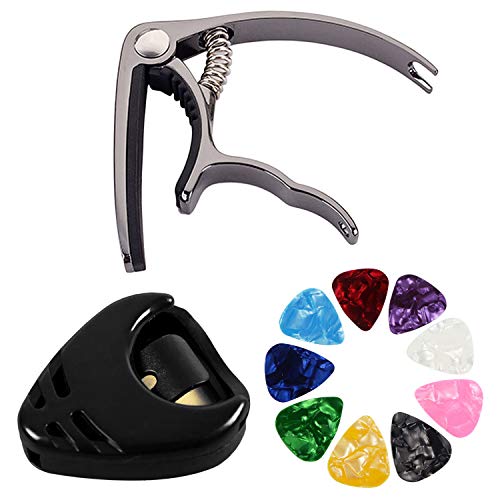 Universal Black Stainless Steel Metal Capo with 9pcs Random Color Picks for Acoustic Instruments Electric Guitar Bass Ukulele Banjo Mandolin Essentials