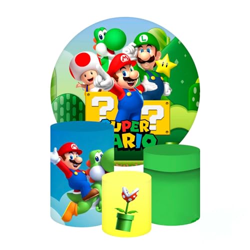 Mario Bros Birthday Party Round Backdrop and Cylindres Cover(4 Pieces) (Mario Green, 6.5FTx6.5FT (200cm))