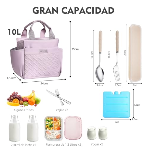 ZZBIFRJ Loncheras Termica para Mujer, Bolsa de Almuerzo de Gran Capacidad con Cristales Hielo y Cubiertos, Aislamiento Portátil Ideal para Trabajo, Playa, Camping