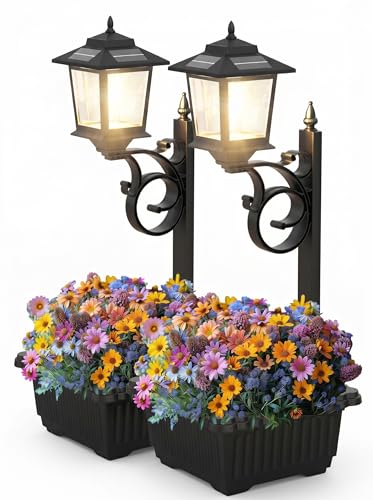 2-Pack Solar Lamp Post Lights with Planter, 2-in-1 Outdoor Flower Pot Waterproof Solar Lamp Post, Decorative Outdoor Solar Planter Lights for Garden, Patio, Pathway and Driveway, Dual Mounting Options