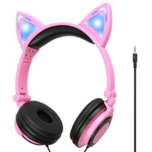 Kids Headphones,On-Ear Comfortable with Cute LED Glowing Cat Ears Headphones for Kids,Lightweight Noise-Canceling Headset for Children Toddler Girls Boys Headphones for Cellphones Ipad Tablet (Pink)