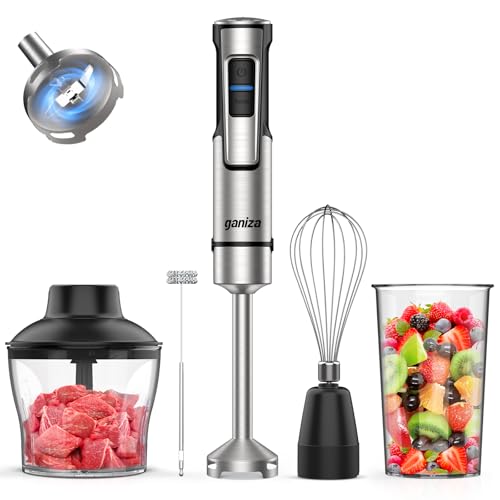 Ganiza Mixeur Plongeant 5-en-1, Mixeur Plongeur 1200W en Acier Inoxydable, Vitesse Réglable& Modes Turbo, avec Hachoir de 600ml, Fouet, et Verre Doseur 800ml, Idéal pour Soupes, Smoothies