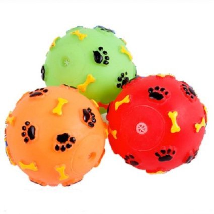 Ellami 3pcs New/cute 2.5" Diameter Paw/bone Pattern Red/orange/green/blue/yellow Rubber Ball Squeaky Chew Toy for Pet Dog Puppy Cat Kitten(random Color)