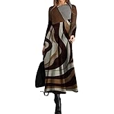 Women's Long Sleeve Maxi Dress with Floral, Plaid, Musical Note & Ethnic Prints, Loose Fit Flowy Casual Long Dress for Women
