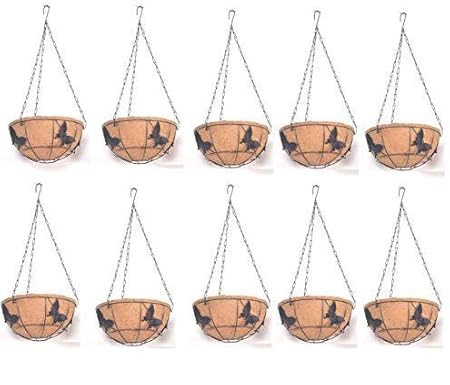 Coir garden Metal Hanging Basket 10 inch - 10 Piece Butterfly Design - Coco Gardening pots with Stand and Chain - Flower pots gor Hanging, Indoor and Outdoor Garden Decoration