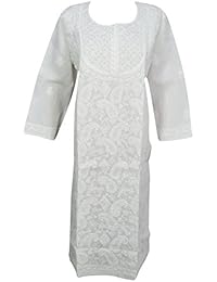Womans Long Tunic Vanilla White Handmade Floral Chikan Embroidered Cotton Boho Summer Kurta White Dress