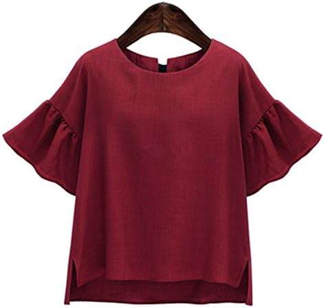 VenuStar Womens Summer Chiffon Blouse Short Ruffle Sleeve T-Shirt Tops Casual Loose Plus Size Round Neck with Back Bow (3XL, C-Red)