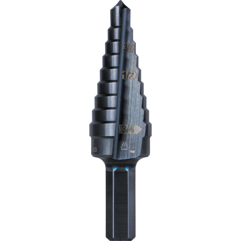 Klein Tools KTSB03 Step Drill Bit Double Fluted 3, 1/4 to 3/4-Inch with Easy-to-Read Markings and Targets, 3/8-Inch Hex Shank , Black