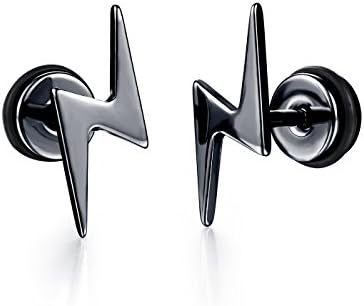 Ellalin Lightning Style Cool Earrings For Men Women Stainless Steel Silver-tone / Black Stud Earring