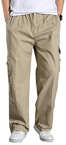 Wsirmet Men's Loose Fit Straight Leg Expandable Waist Multi-Pockets Cargo Pants Plus Size, Khaki, M(Tag 2XL)