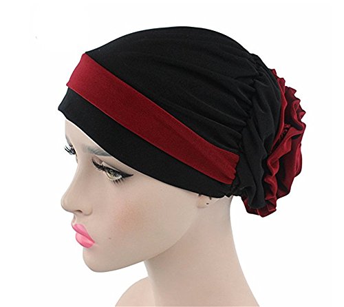 Chemo Cancer Head Scarf Hat Cap Ethnic Cloth Print Turban Headwear Women Stretch Flower Muslim headscarf (Black)