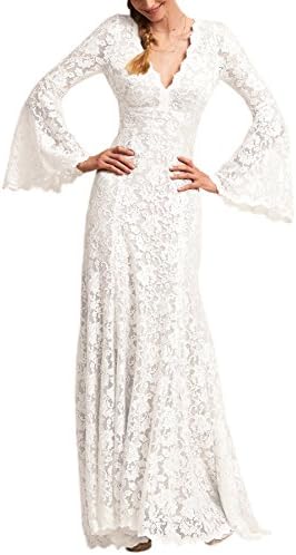 Wanhua Long Bell Sleeve V Neck Vintage Lace Wedding Dress Bridal Gown