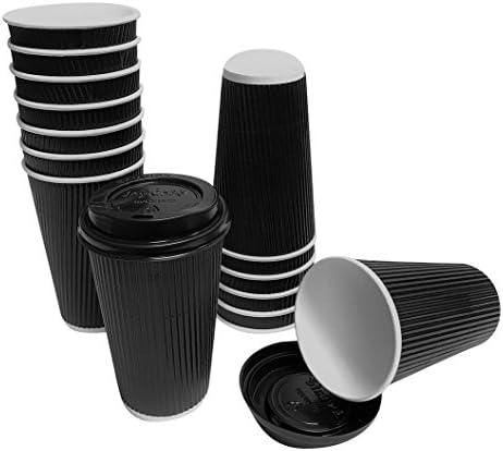 50 Black Paper Hot Coffee Cup 16 oz, Rippled with grooves, No Sleeves Needs, Includes lids