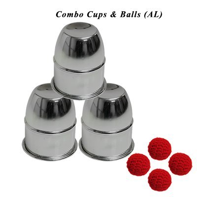 The Essel Magic Combo Cups & Balls (AL) - Magic Trick - Recommended for Ages 12 and Above - Includes Three Spun Metal Cups (One Gimmicked), Four Red Crocheted Knit Balls