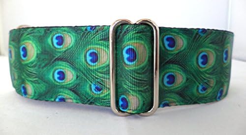 1.5" Wide Martingale Dog Collar, Lined, 2 Sizes: Medium, Large/XL, Green Peacock 2 Design (Large/XL 17-26")