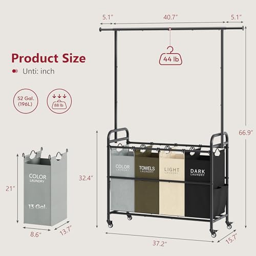 Tajsoon Laundry Sorter Cart with Hanging Clothes Rack, 4 Butler Sorter Basket Organizer, Laundry Hamper Cart with Heavy Duty Rolling Lockable Wheels, 4 Colors