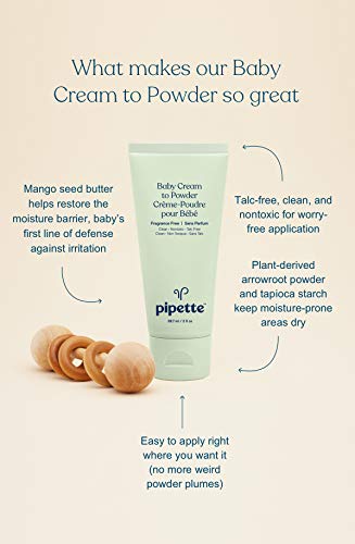 Pipette Baby Cream to Powder, Keep Baby's Skin Happy, Talc-Free Baby Powder, Squalane Helps Restore The Natural Balance of Baby’s Skin, Fragrance Free, 3-Ounce