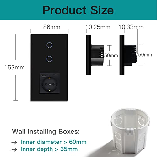 BSEED WiFi Smart Switch, Touch Switches with Glass, Compatible with Alexa, Tuya and Smart Life, Neutral Cable Required, 2 Gang 1 Way + 1 USB/Type C Plug, 157 mm Black