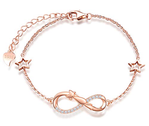MicLee Woman's girl's Bracelet, 925 Sterling Silver bracelet, Cute cat and infinity symbol bracelet, with mini hollow star, Inlaid zircon, adjustable chain, design of animal bracelet