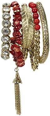 Aris Huge Stack Bohemian Beaded &amp; Charm Stretch Bracelet Bundle: Bangles &amp; Bag (Bohemian Red Goldtone)