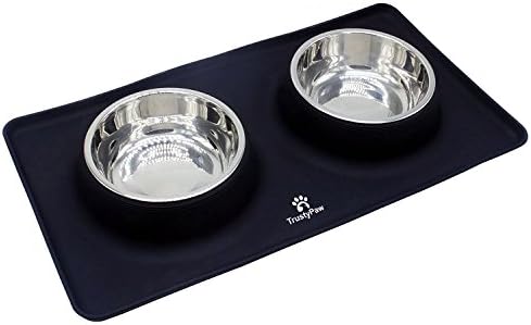 Stainless Steel Dog Bowls by TrustyPaw - Non-Skid Spill Proof Silicone Mat. Great for Dogs, Cats, and Other Small to Medium Pets - 24 oz Total Set of 2 (Black)