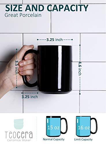 Teocera Porcelain Mugs, Coffee Mugs Set - 15 Ounces for Coffee, Cocoa, Tea - Large Handle - Set of 4, Black