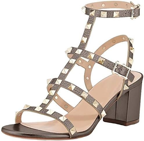Comfity Leather Sandals for Women,Rivets Studded Strappy Block Heels Slingback Gladiator Shoes Cut Out Dress Sandals