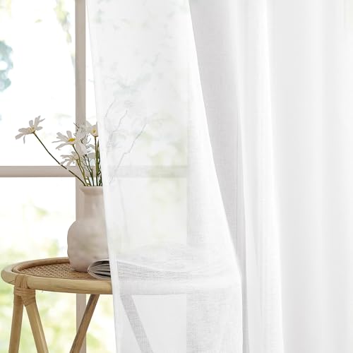 PONY DANCE White Curtains, Living Room, 245 cm High Curtain, Transparent Curtains, Linen Look Voile Curtain, White Curtains, Eyelet Curtain, Translucent, 245 x 140 cm, Set of 2