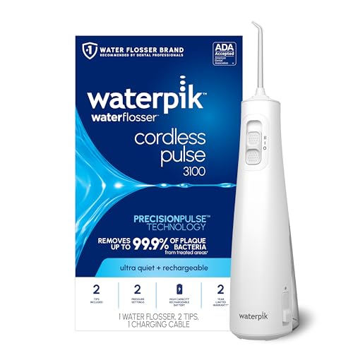 Waterpik Kabellose Pulse wiederaufladbare tragbare Wasserflosser für Zähne, Zahnfleisch, Zahnspange Pflege und Reisen mit 2 Zahnseidespitzen, wasserdi